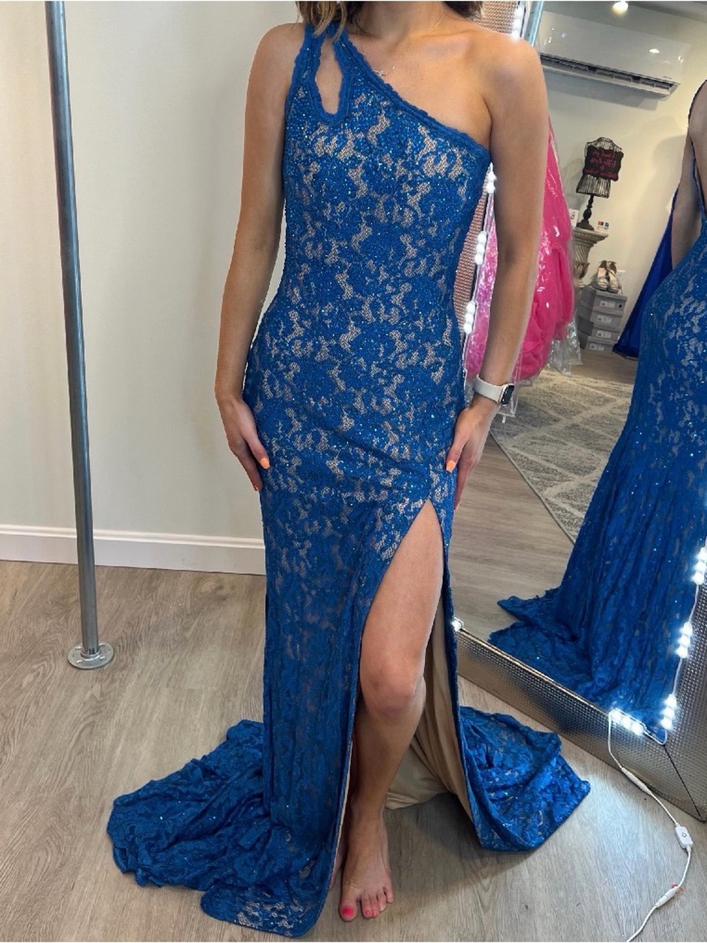 Jovani Royal Blue One-Shoulder Lace Prom Dress with Thigh Slit